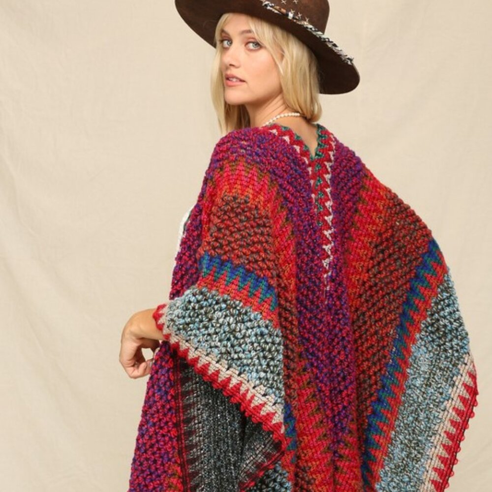 New Bohemian Knit Tasseled Poncho Cardigan Sweater Hippie Top Vintage NWT